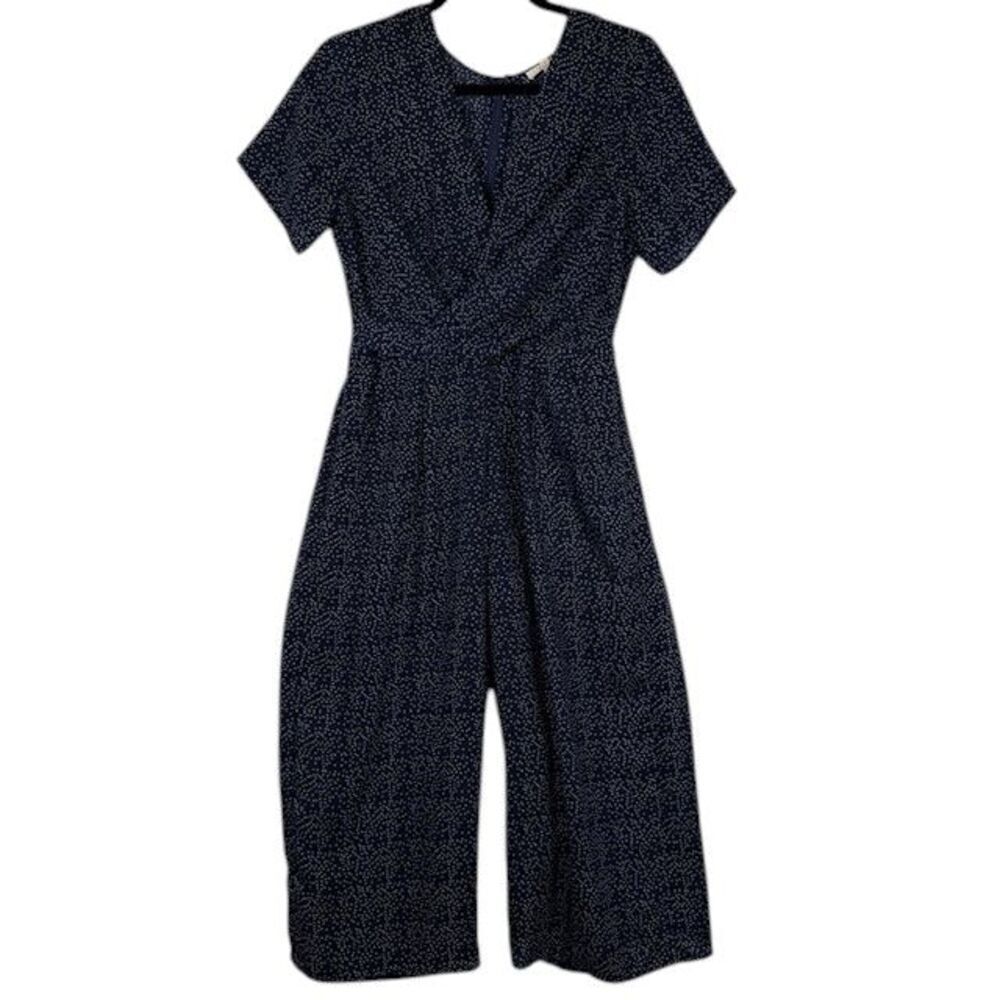 Le Lis Jumpsuit Navy with White Polka dots crossover front wide legs Size Medium